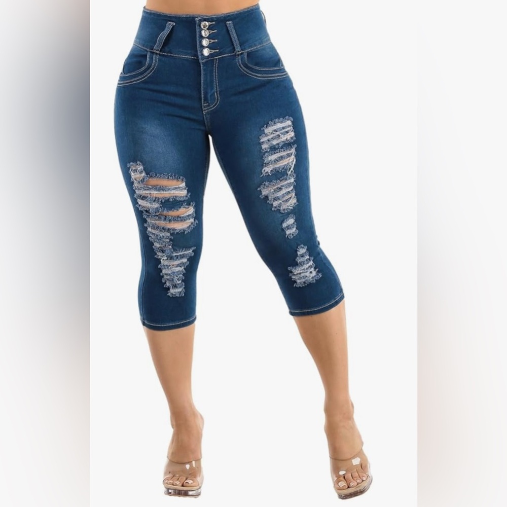 Moda Xpress Distressed Booty Lifting Blue Denim Capri Jeans